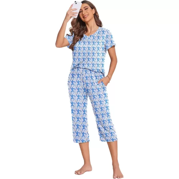 imageEkouaer Womens Sleepwear Capri Pajama Sets Short Sleeve TwoPiece Pjs V Neck Tops ampamp Capri Pants with Pockets S3XLCute Monkey