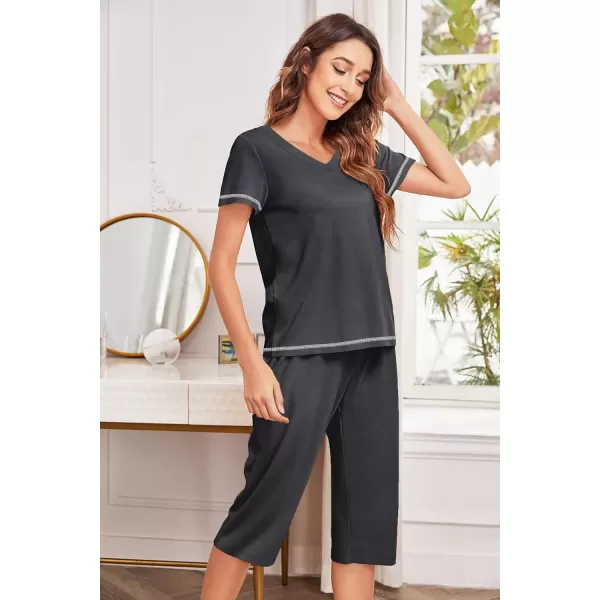 imageEkouaer Womens Sleepwear Capri Pajama Sets Short Sleeve TwoPiece Pjs V Neck Tops ampamp Capri Pants with Pockets S3XLDark Grey