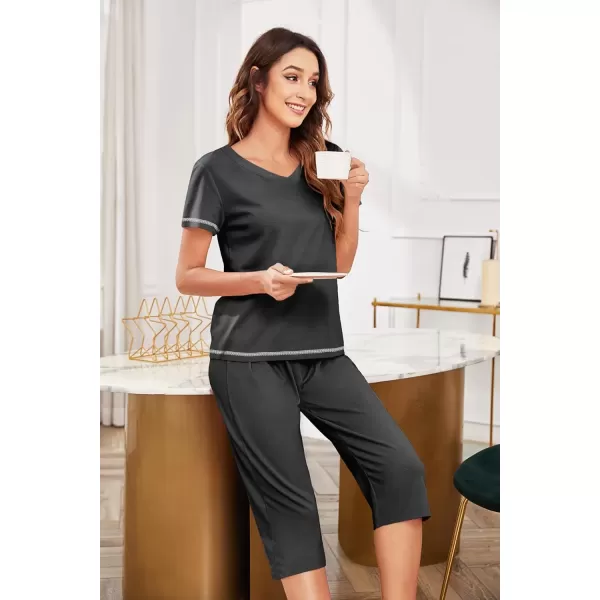 imageEkouaer Womens Sleepwear Capri Pajama Sets Short Sleeve TwoPiece Pjs V Neck Tops ampamp Capri Pants with Pockets S3XLDark Grey