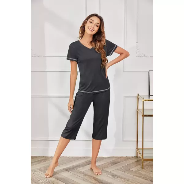 imageEkouaer Womens Sleepwear Capri Pajama Sets Short Sleeve TwoPiece Pjs V Neck Tops ampamp Capri Pants with Pockets S3XLDark Grey