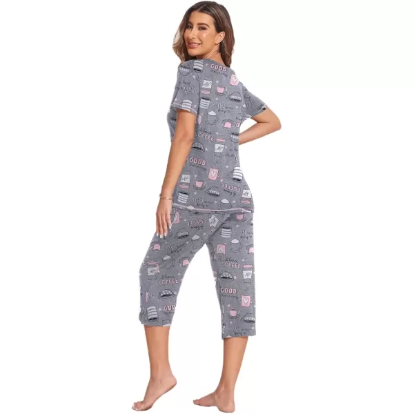 imageEkouaer Womens Sleepwear Capri Pajama Sets Short Sleeve TwoPiece Pjs V Neck Tops ampamp Capri Pants with Pockets S3XLGray Coffee Cups