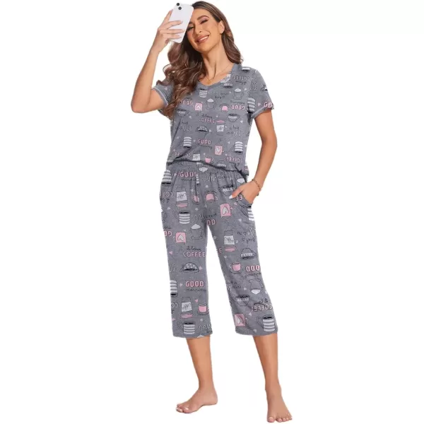 imageEkouaer Womens Sleepwear Capri Pajama Sets Short Sleeve TwoPiece Pjs V Neck Tops ampamp Capri Pants with Pockets S3XLGray Coffee Cups