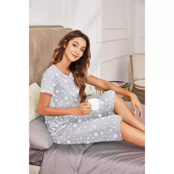 imageEkouaer Womens Sleepwear Capri Pajama Sets Short Sleeve TwoPiece Pjs V Neck Tops ampamp Capri Pants with Pockets S3XLGray Starry Sky