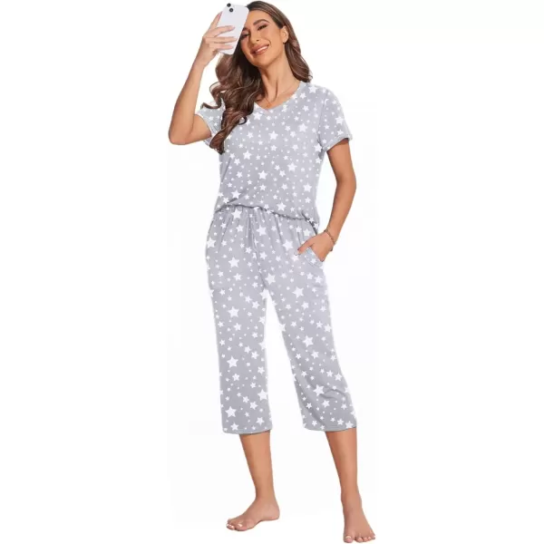 imageEkouaer Womens Sleepwear Capri Pajama Sets Short Sleeve TwoPiece Pjs V Neck Tops ampamp Capri Pants with Pockets S3XLGray Starry Sky