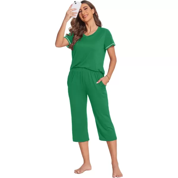 imageEkouaer Womens Sleepwear Capri Pajama Sets Short Sleeve TwoPiece Pjs V Neck Tops ampamp Capri Pants with Pockets S3XLGreen