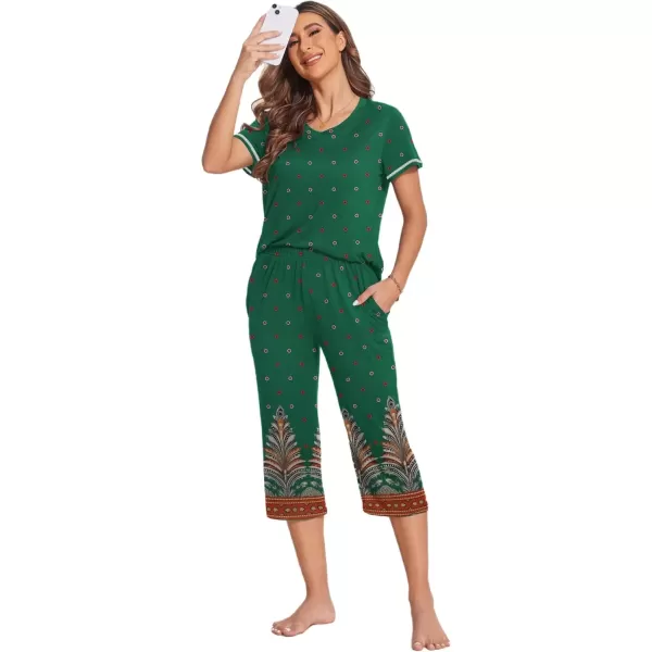 imageEkouaer Womens Sleepwear Capri Pajama Sets Short Sleeve TwoPiece Pjs V Neck Tops ampamp Capri Pants with Pockets S3XLGreen Feather Circle