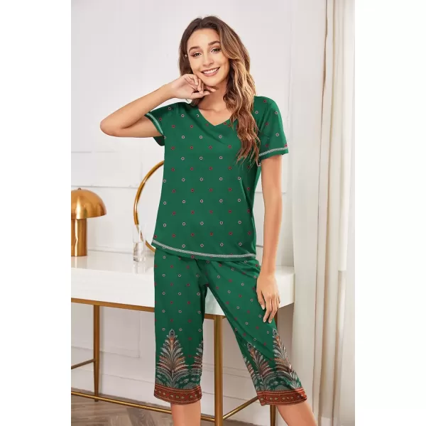 imageEkouaer Womens Sleepwear Capri Pajama Sets Short Sleeve TwoPiece Pjs V Neck Tops ampamp Capri Pants with Pockets S3XLGreen Feather Circle