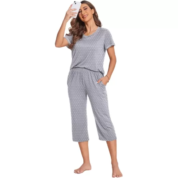 imageEkouaer Womens Sleepwear Capri Pajama Sets Short Sleeve TwoPiece Pjs V Neck Tops ampamp Capri Pants with Pockets S3XLGrey Stars