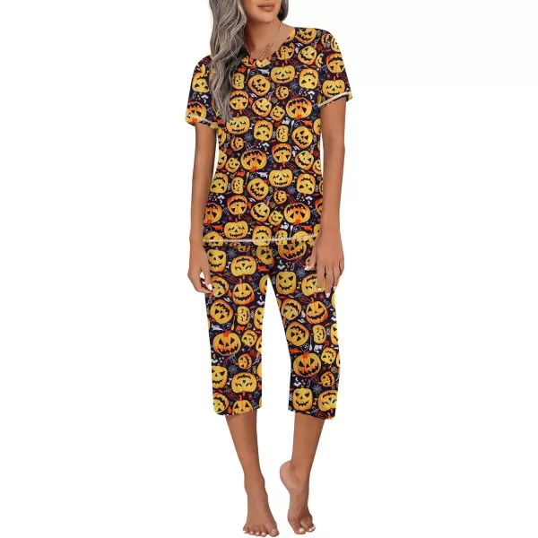 imageEkouaer Womens Sleepwear Capri Pajama Sets Short Sleeve TwoPiece Pjs V Neck Tops ampamp Capri Pants with Pockets S3XLHalloween Pumpkin