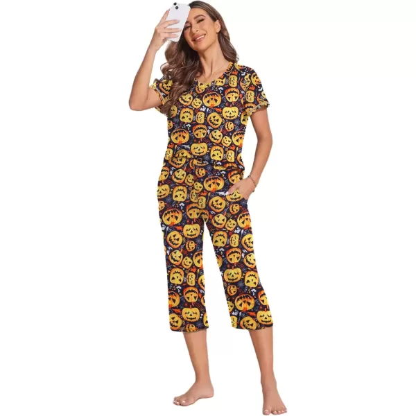 imageEkouaer Womens Sleepwear Capri Pajama Sets Short Sleeve TwoPiece Pjs V Neck Tops ampamp Capri Pants with Pockets S3XLHalloween Pumpkin