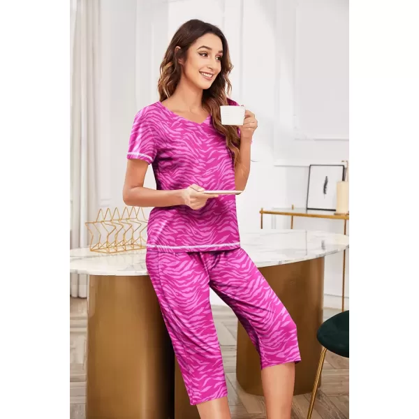 imageEkouaer Womens Sleepwear Capri Pajama Sets Short Sleeve TwoPiece Pjs V Neck Tops ampamp Capri Pants with Pockets S3XLHot Pink Zebra Stripes