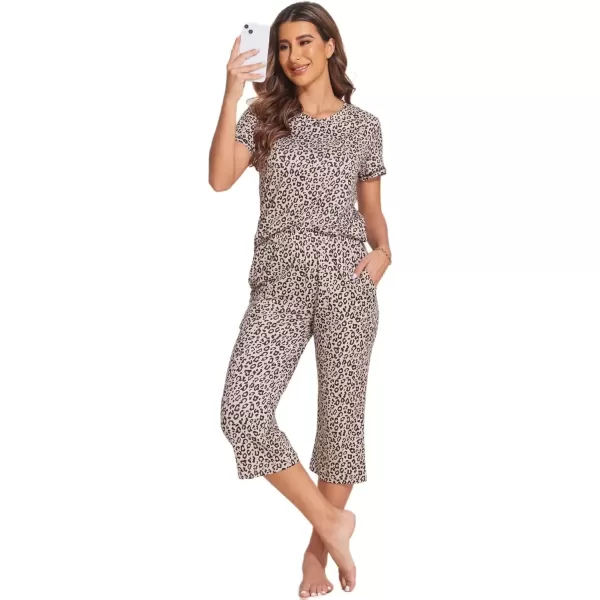 imageEkouaer Womens Sleepwear Capri Pajama Sets Short Sleeve TwoPiece Pjs V Neck Tops ampamp Capri Pants with Pockets S3XLLeopard