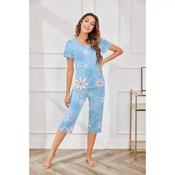 imageEkouaer Womens Sleepwear Capri Pajama Sets Short Sleeve TwoPiece Pjs V Neck Tops ampamp Capri Pants with Pockets S3XLLight Blue Sunflowers