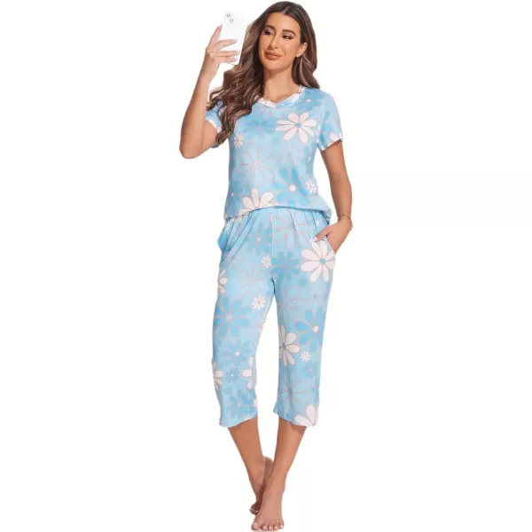 imageEkouaer Womens Sleepwear Capri Pajama Sets Short Sleeve TwoPiece Pjs V Neck Tops ampamp Capri Pants with Pockets S3XLLight Blue Sunflowers