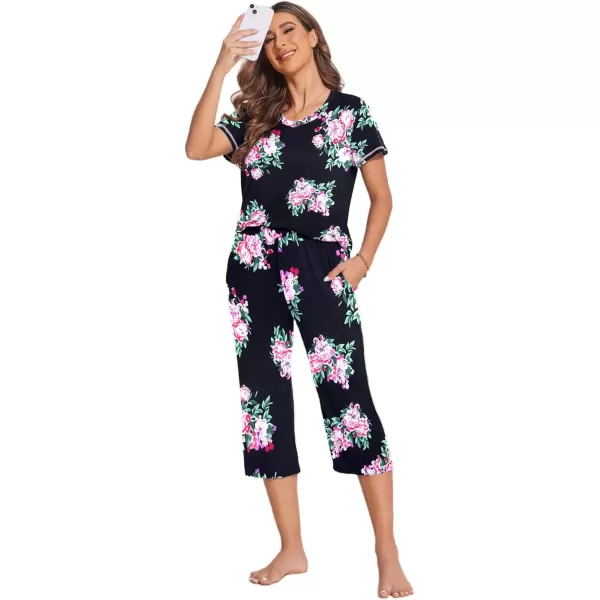 imageEkouaer Womens Sleepwear Capri Pajama Sets Short Sleeve TwoPiece Pjs V Neck Tops ampamp Capri Pants with Pockets S3XLNavy Flowers