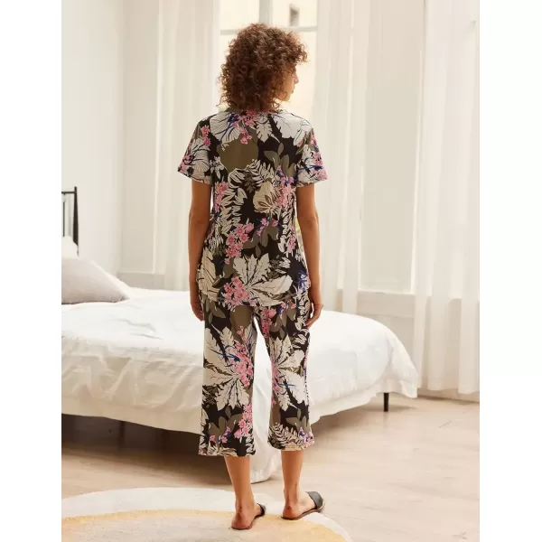 imageEkouaer Womens Sleepwear Capri Pajama Sets Short Sleeve TwoPiece Pjs V Neck Tops ampamp Capri Pants with Pockets S3XLPink Leaves