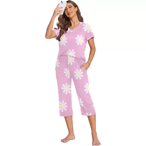 imageEkouaer Womens Sleepwear Capri Pajama Sets Short Sleeve TwoPiece Pjs V Neck Tops ampamp Capri Pants with Pockets S3XLPink Sunflowers