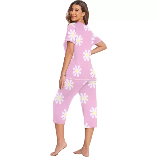 imageEkouaer Womens Sleepwear Capri Pajama Sets Short Sleeve TwoPiece Pjs V Neck Tops ampamp Capri Pants with Pockets S3XLPink Sunflowers