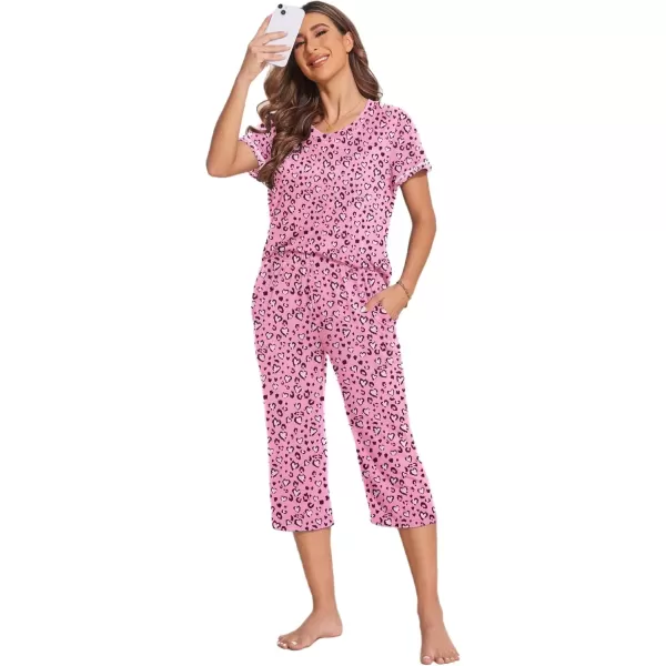 imageEkouaer Womens Sleepwear Capri Pajama Sets Short Sleeve TwoPiece Pjs V Neck Tops ampamp Capri Pants with Pockets S3XLPink Sweat Heart