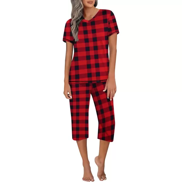 imageEkouaer Womens Sleepwear Capri Pajama Sets Short Sleeve TwoPiece Pjs V Neck Tops ampamp Capri Pants with Pockets S3XLRed Christmas Plaid