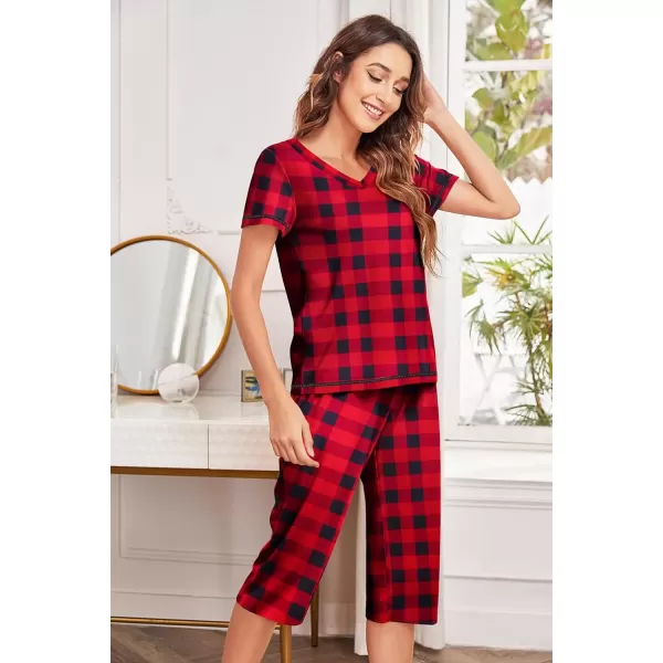 imageEkouaer Womens Sleepwear Capri Pajama Sets Short Sleeve TwoPiece Pjs V Neck Tops ampamp Capri Pants with Pockets S3XLRed Christmas Plaid