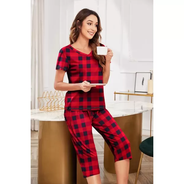 imageEkouaer Womens Sleepwear Capri Pajama Sets Short Sleeve TwoPiece Pjs V Neck Tops ampamp Capri Pants with Pockets S3XLRed Christmas Plaid