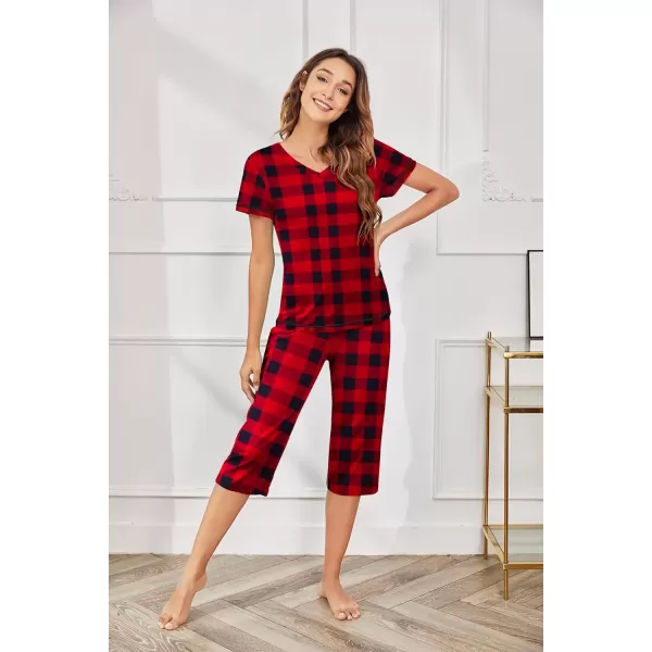 imageEkouaer Womens Sleepwear Capri Pajama Sets Short Sleeve TwoPiece Pjs V Neck Tops ampamp Capri Pants with Pockets S3XLRed Christmas Plaid