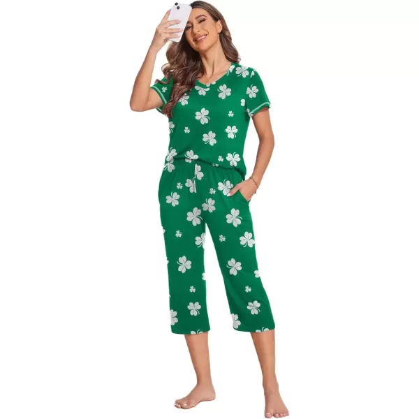 imageEkouaer Womens Sleepwear Capri Pajama Sets Short Sleeve TwoPiece Pjs V Neck Tops ampamp Capri Pants with Pockets S3XLShamrock