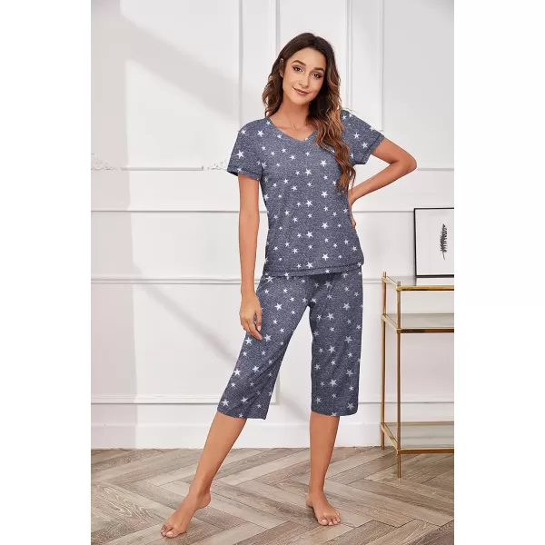 imageEkouaer Womens Sleepwear Capri Pajama Sets Short Sleeve TwoPiece Pjs V Neck Tops ampamp Capri Pants with Pockets S3XLStars