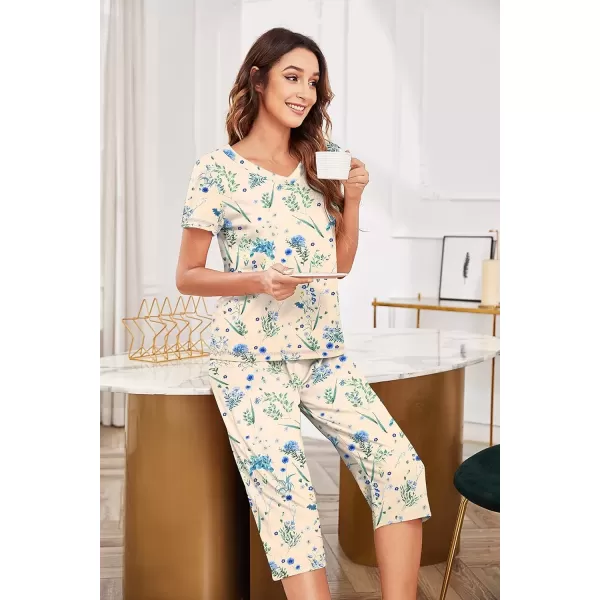 imageEkouaer Womens Sleepwear Capri Pajama Sets Short Sleeve TwoPiece Pjs V Neck Tops ampamp Capri Pants with Pockets S3XLWhite Blue Flowers