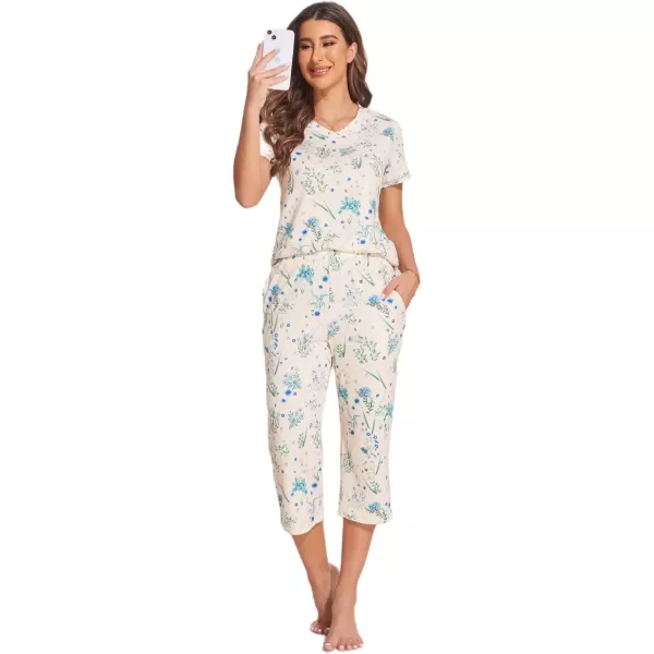 imageEkouaer Womens Sleepwear Capri Pajama Sets Short Sleeve TwoPiece Pjs V Neck Tops ampamp Capri Pants with Pockets S3XLWhite Blue Flowers