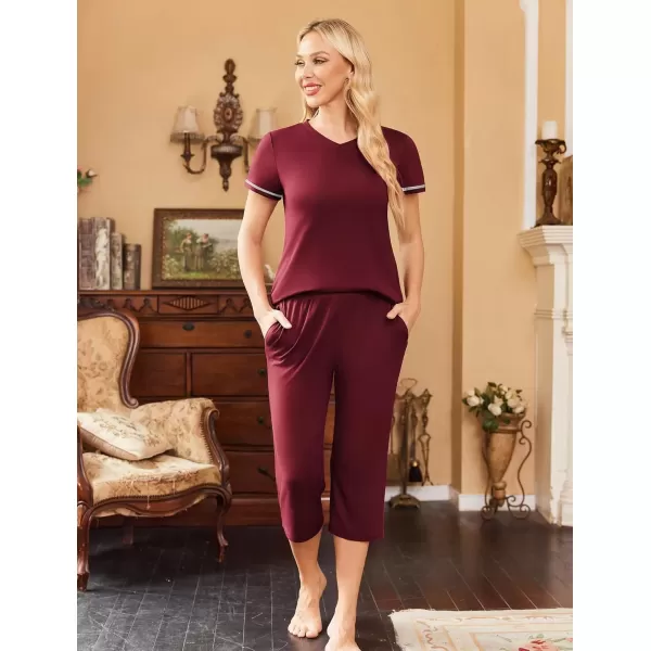 imageEkouaer Womens Sleepwear Capri Pajama Sets Short Sleeve TwoPiece Pjs V Neck Tops ampamp Capri Pants with Pockets S3XLWine Red