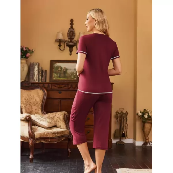 imageEkouaer Womens Sleepwear Capri Pajama Sets Short Sleeve TwoPiece Pjs V Neck Tops ampamp Capri Pants with Pockets S3XLWine Red