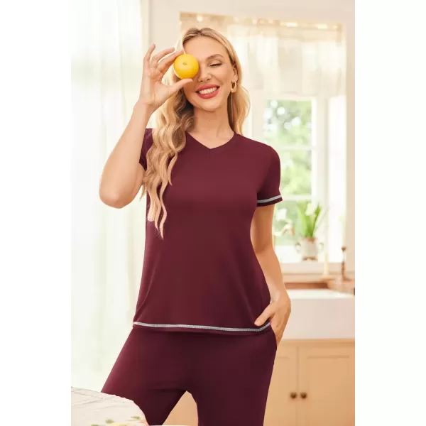 imageEkouaer Womens Sleepwear Capri Pajama Sets Short Sleeve TwoPiece Pjs V Neck Tops ampamp Capri Pants with Pockets S3XLWine Red