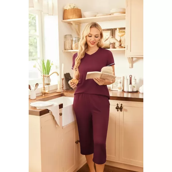 imageEkouaer Womens Sleepwear Capri Pajama Sets Short Sleeve TwoPiece Pjs V Neck Tops ampamp Capri Pants with Pockets S3XLWine Red