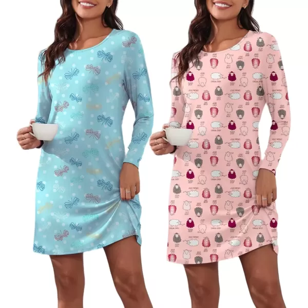 imageEkouaer 2 Pack Long Sleeve Sleep Shirts for Women Soft Night Shirts Pullover Nightgowns Comfy Night Gowns Dress S3XLButterflysheep