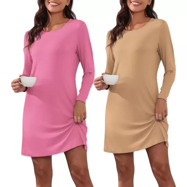 imageEkouaer 2 Pack Long Sleeve Sleep Shirts for Women Soft Night Shirts Pullover Nightgowns Comfy Night Gowns Dress S3XLCamelpeach Pink