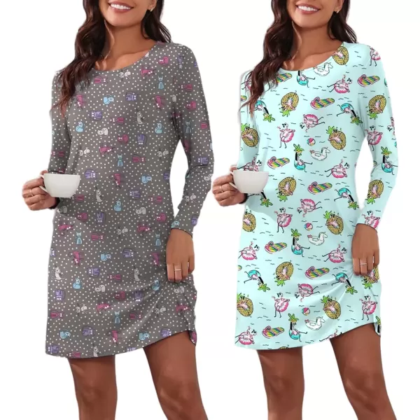 imageEkouaer 2 Pack Long Sleeve Sleep Shirts for Women Soft Night Shirts Pullover Nightgowns Comfy Night Gowns Dress S3XLCartoon Catflamingo