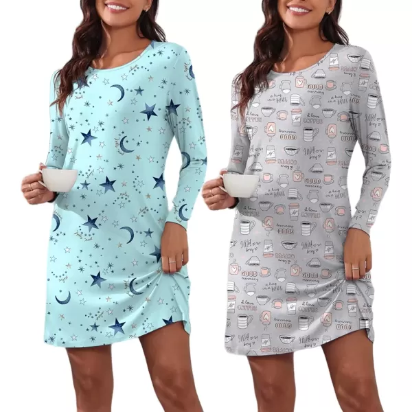 imageEkouaer 2 Pack Long Sleeve Sleep Shirts for Women Soft Night Shirts Pullover Nightgowns Comfy Night Gowns Dress S3XLCartoon Cupblue Star