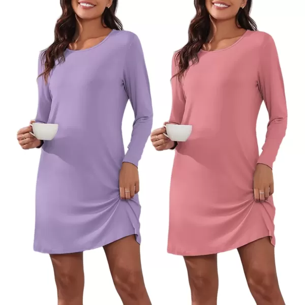 imageEkouaer 2 Pack Long Sleeve Sleep Shirts for Women Soft Night Shirts Pullover Nightgowns Comfy Night Gowns Dress S3XLCoral Pinklilac