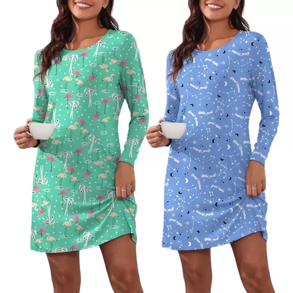 imageEkouaer 2 Pack Long Sleeve Sleep Shirts for Women Soft Night Shirts Pullover Nightgowns Comfy Night Gowns Dress S3XLFlamingomoon