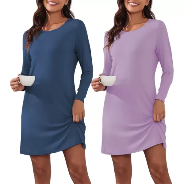 imageEkouaer 2 Pack Long Sleeve Sleep Shirts for Women Soft Night Shirts Pullover Nightgowns Comfy Night Gowns Dress S3XLLight Purplenavy