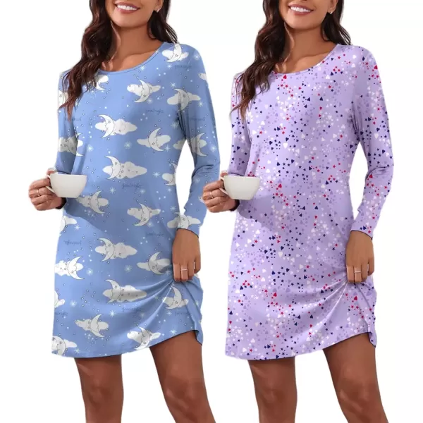 imageEkouaer 2 Pack Long Sleeve Sleep Shirts for Women Soft Night Shirts Pullover Nightgowns Comfy Night Gowns Dress S3XLMoon Cloundheart Star