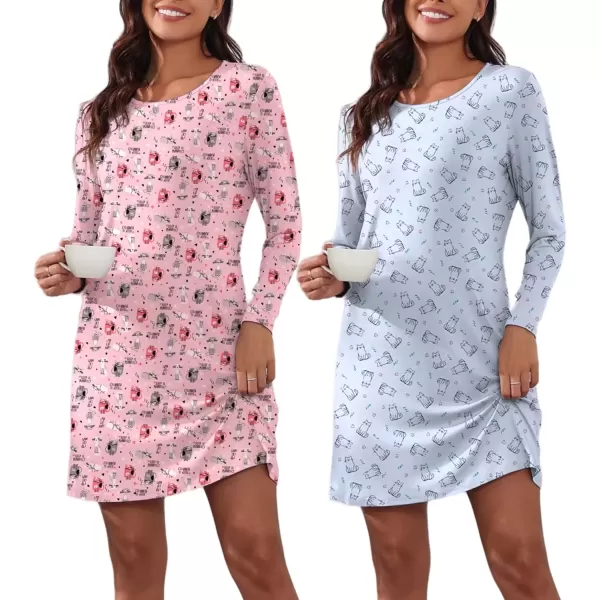 imageEkouaer 2 Pack Long Sleeve Sleep Shirts for Women Soft Night Shirts Pullover Nightgowns Comfy Night Gowns Dress S3XLPink Catblue Cat