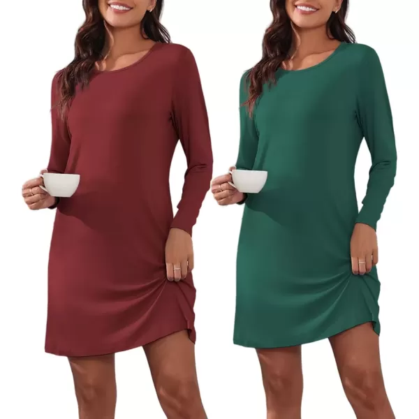 imageEkouaer 2 Pack Long Sleeve Sleep Shirts for Women Soft Night Shirts Pullover Nightgowns Comfy Night Gowns Dress S3XLWine Redevergreen