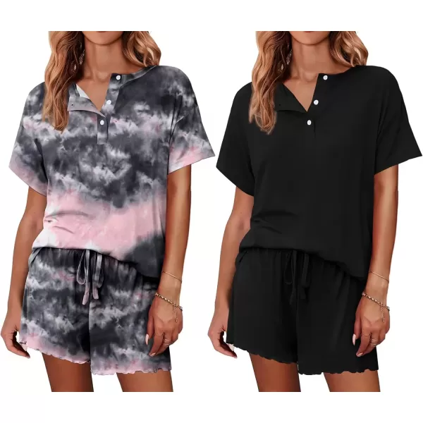 imageEkouaer 2 Pack Womens Pajama Sets Short Sleeve Top with Shorts Soft Comfy Loungewear Sleepwear SXXLAtie Dye Black PinkBlack