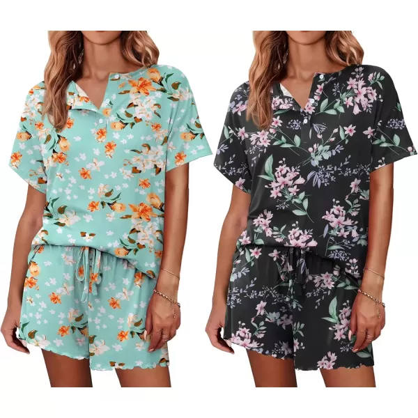 imageEkouaer 2 Pack Womens Pajama Sets Short Sleeve Top with Shorts Soft Comfy Loungewear Sleepwear SXXLBlue FlowersBlack Flowers