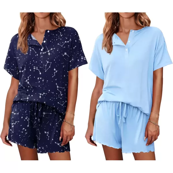 imageEkouaer 2 Pack Womens Pajama Sets Short Sleeve Top with Shorts Soft Comfy Loungewear Sleepwear SXXLBlue SkyLight Blue