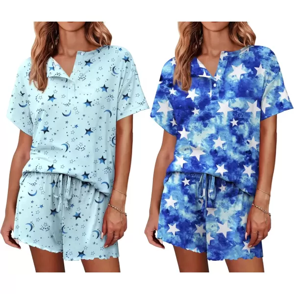 imageEkouaer 2 Pack Womens Pajama Sets Short Sleeve Top with Shorts Soft Comfy Loungewear Sleepwear SXXLBlue StarTie Dye Star