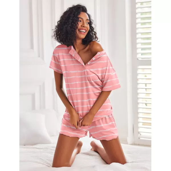 imageEkouaer 2 Pack Womens Pajama Sets Short Sleeve Top with Shorts Soft Comfy Loungewear Sleepwear SXXLPink StripeGray Star